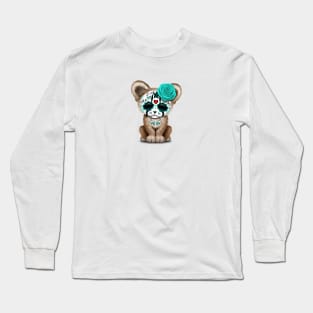 Blue Day of the Dead Sugar Skull Cougar Cub Long Sleeve T-Shirt